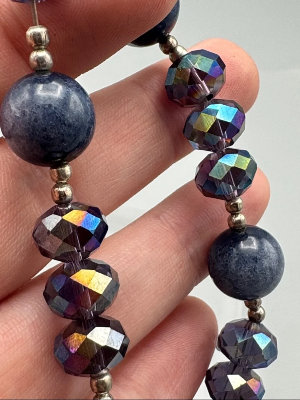 Iridescent Blue glass & stone Beaded Dangle Bracelet